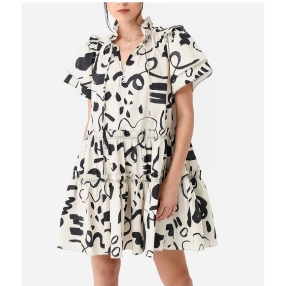Hunter Bell Merritt Mini Dress Abstract Ink Line Cotton Ruffle - Picture 1 of 15